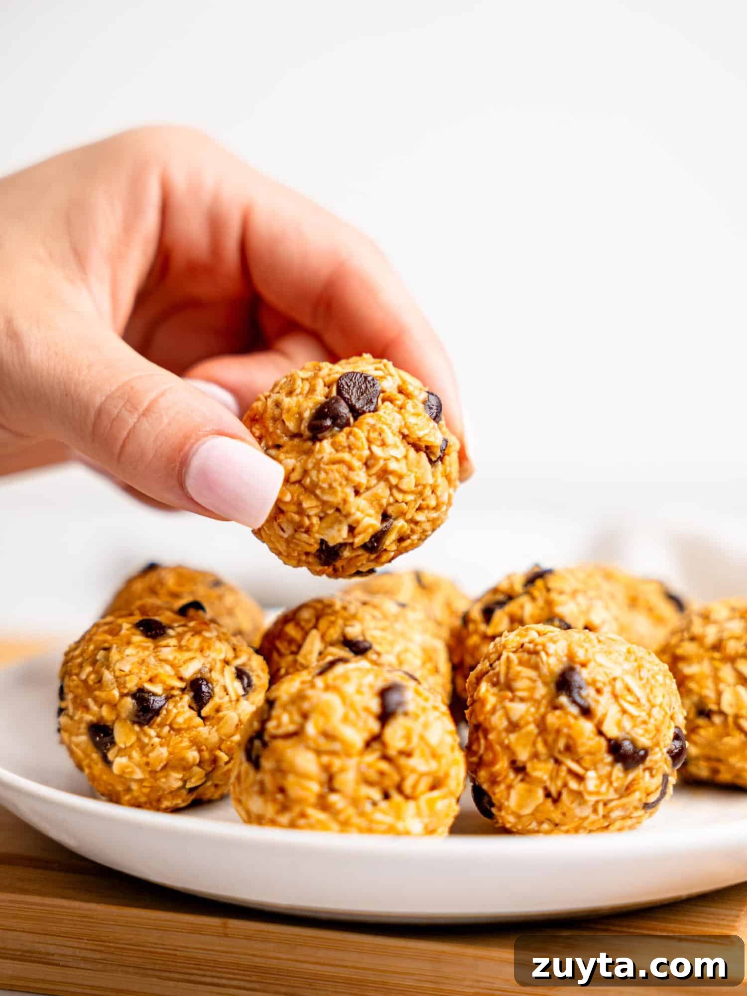 12 No-Bake Dessert Recipes for Parties and Weeknights 4 Peanut butter oatmeal balls with chocolate chips on a white plate.