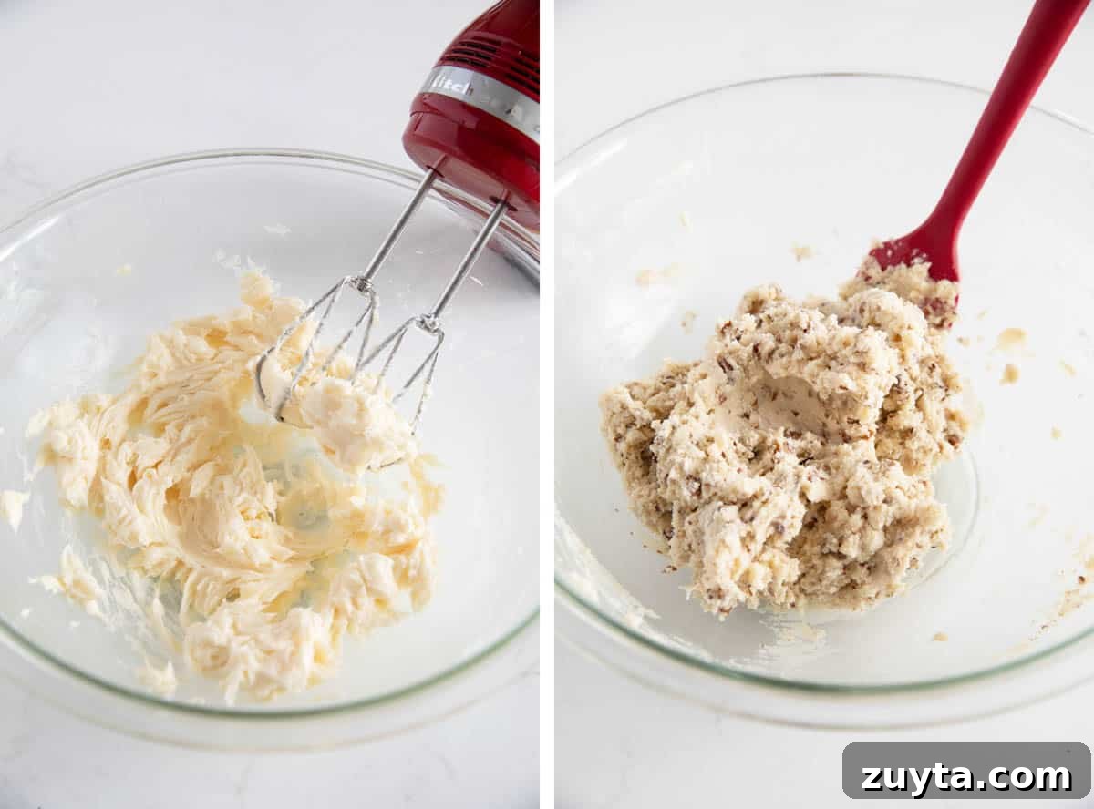 Collage showing beating butter and sugar together, then making dough by adding flour and toasted nuts.