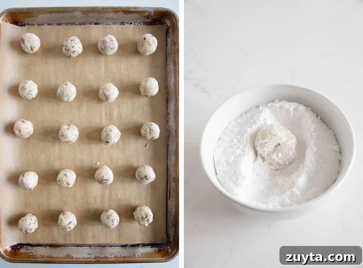 Collage showing rolling dough into balls, and then rolling baked cookies in powdered sugar.