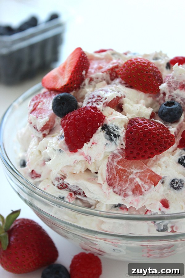 Creamy Berry Cheesecake Salad Recipe 3 Close-up of Berry Cheesecake Salad with mixed berries
