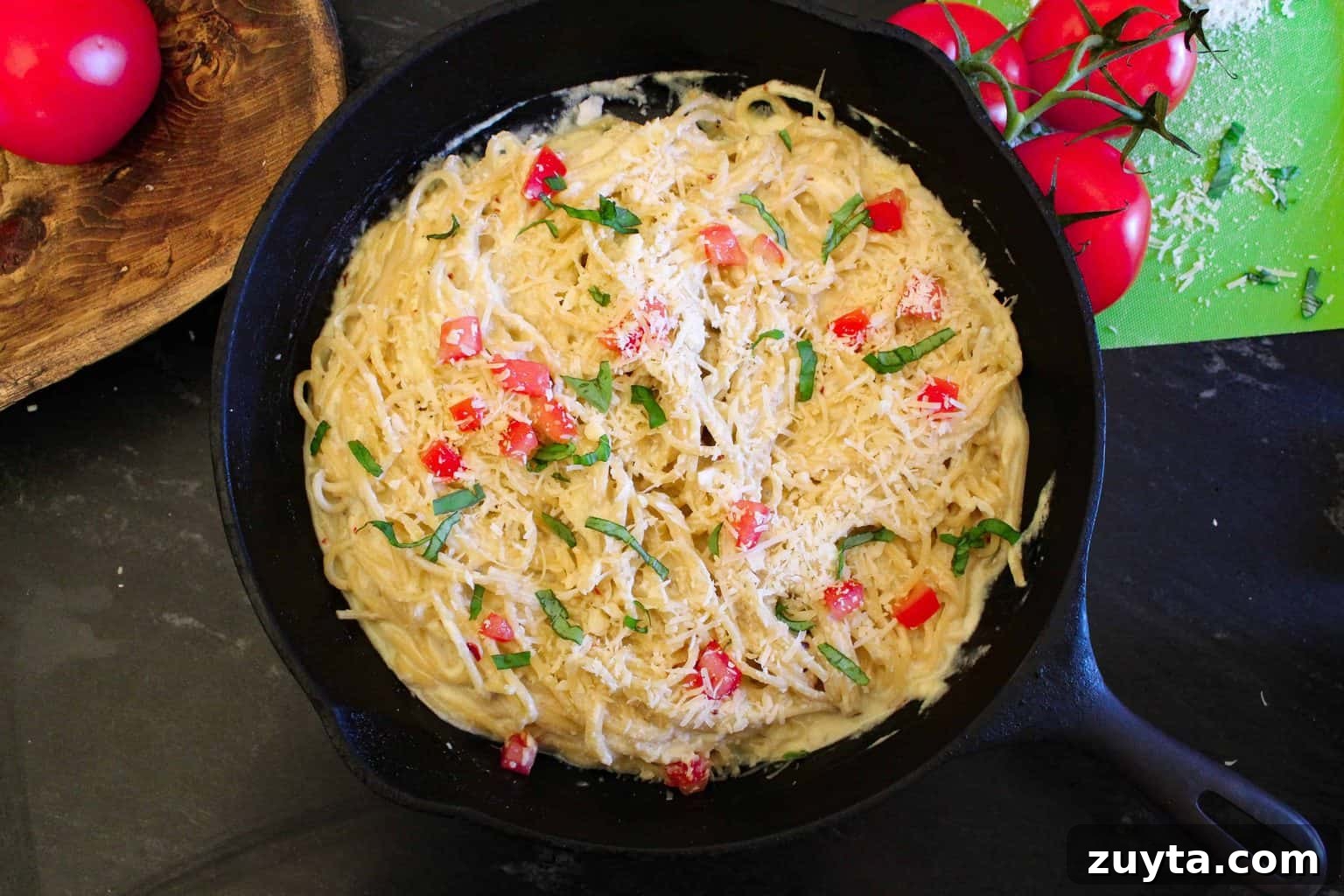 Creamy Ricotta Carbonara Pasta Recipe 4 Creamy pasta carbonara with ricotta cheese garnished with tomatoes and basil