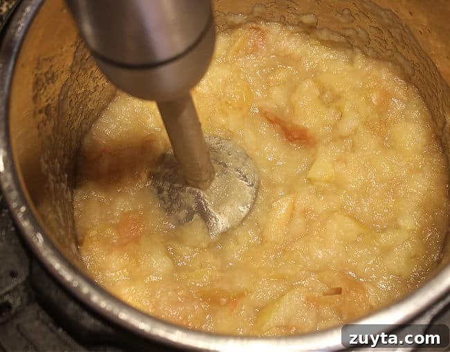 Homemade Instant Pot Applesauce Recipe 6 Immersion blender pureeing apples.