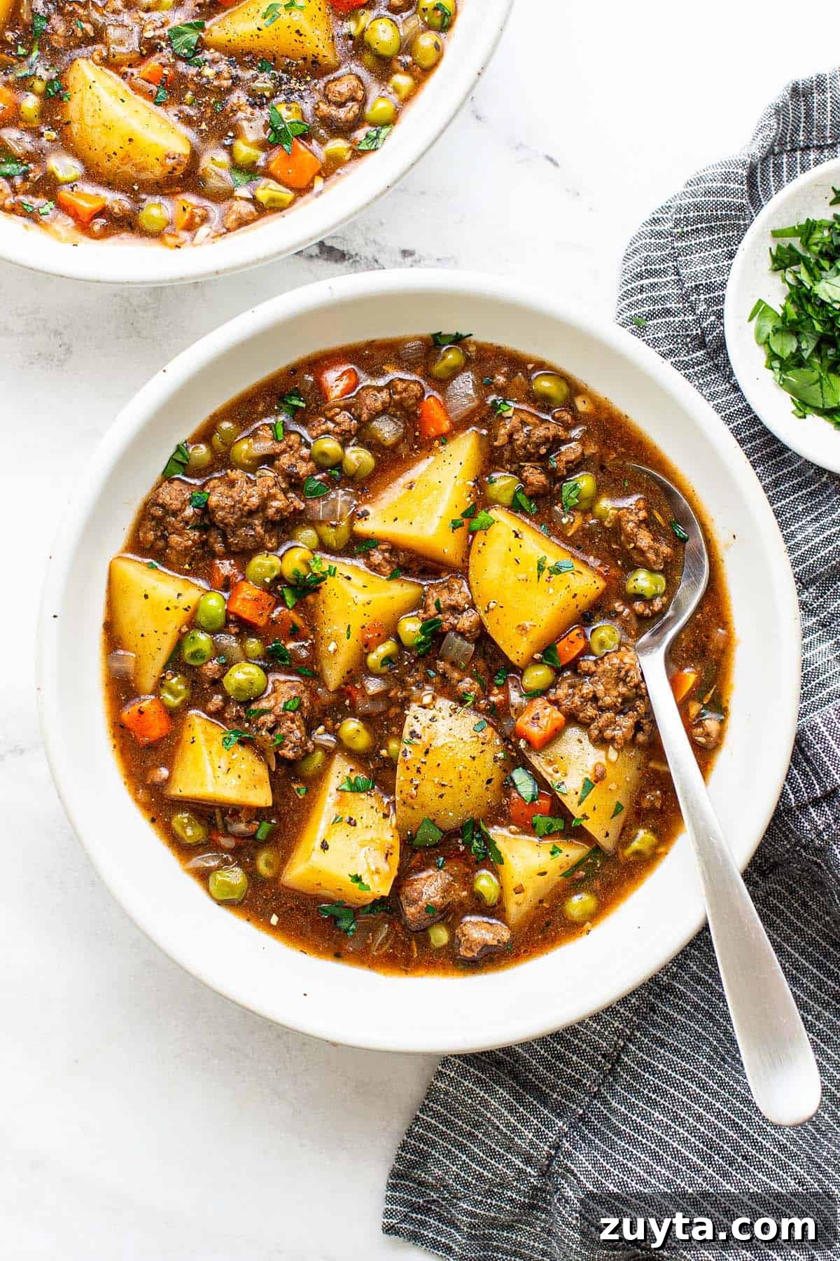 Weeknight One-Pot Ground Beef Stew Recipe 2 Bowl of hamburger stew garnished with fresh parsley.