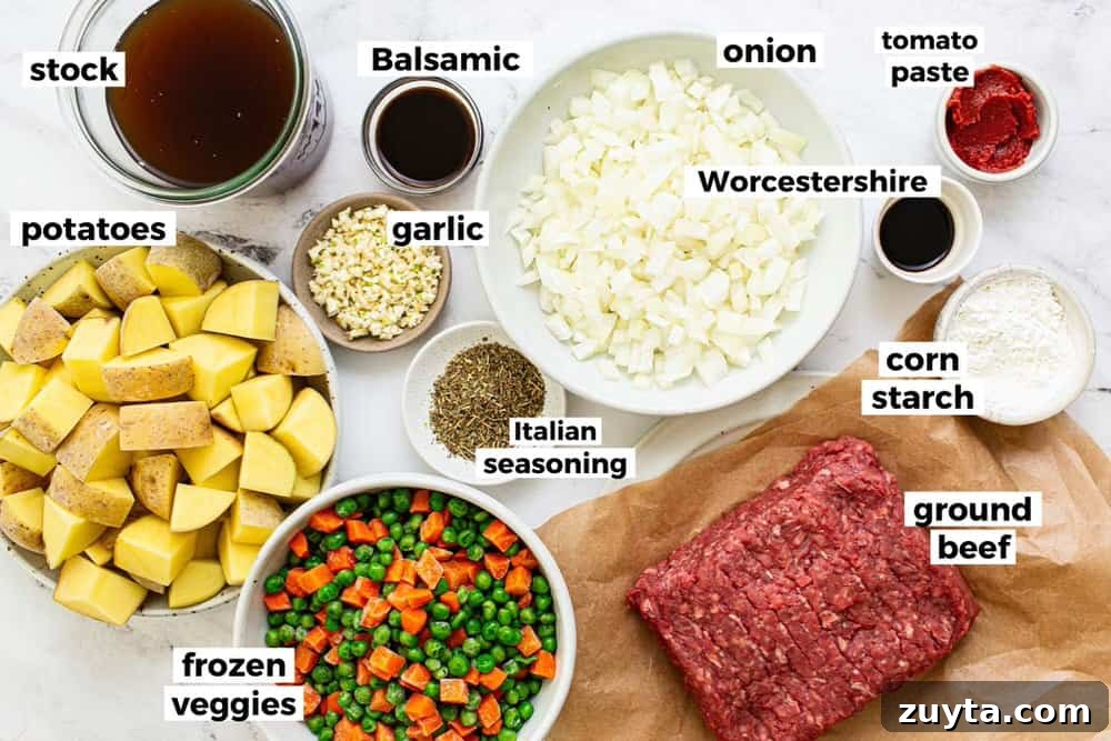 Weeknight One-Pot Ground Beef Stew Recipe 3 Bowls of ingredients to make hamburger stew.