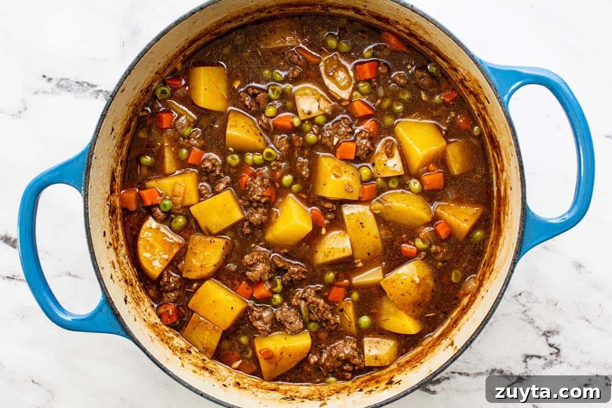 Weeknight One-Pot Ground Beef Stew Recipe 6 Homemade hamburger stew in a large pot.
