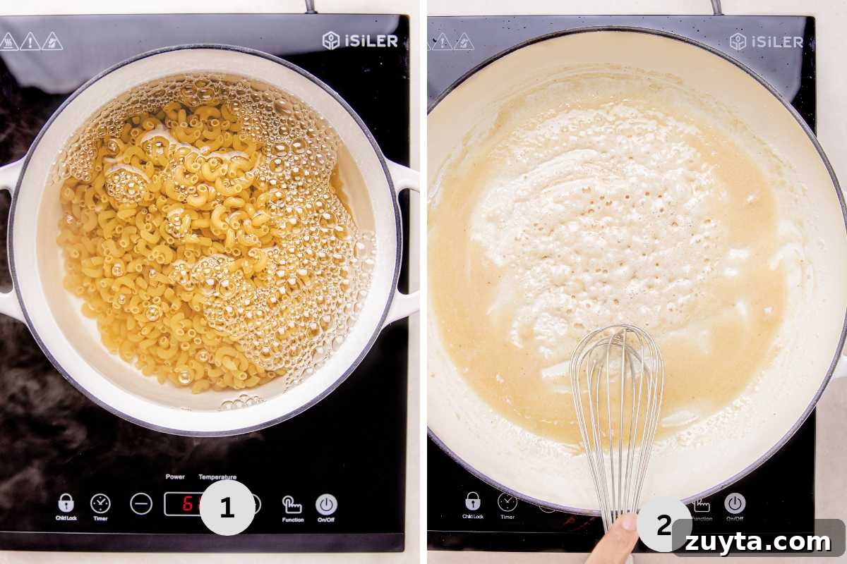 Boiling the pasta and making the roux for the base of the pasta.