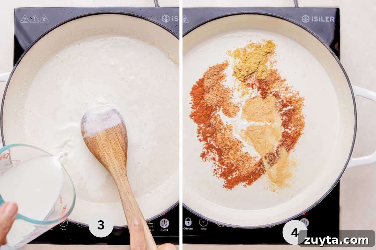 Adding water to the roux and seanonings.
