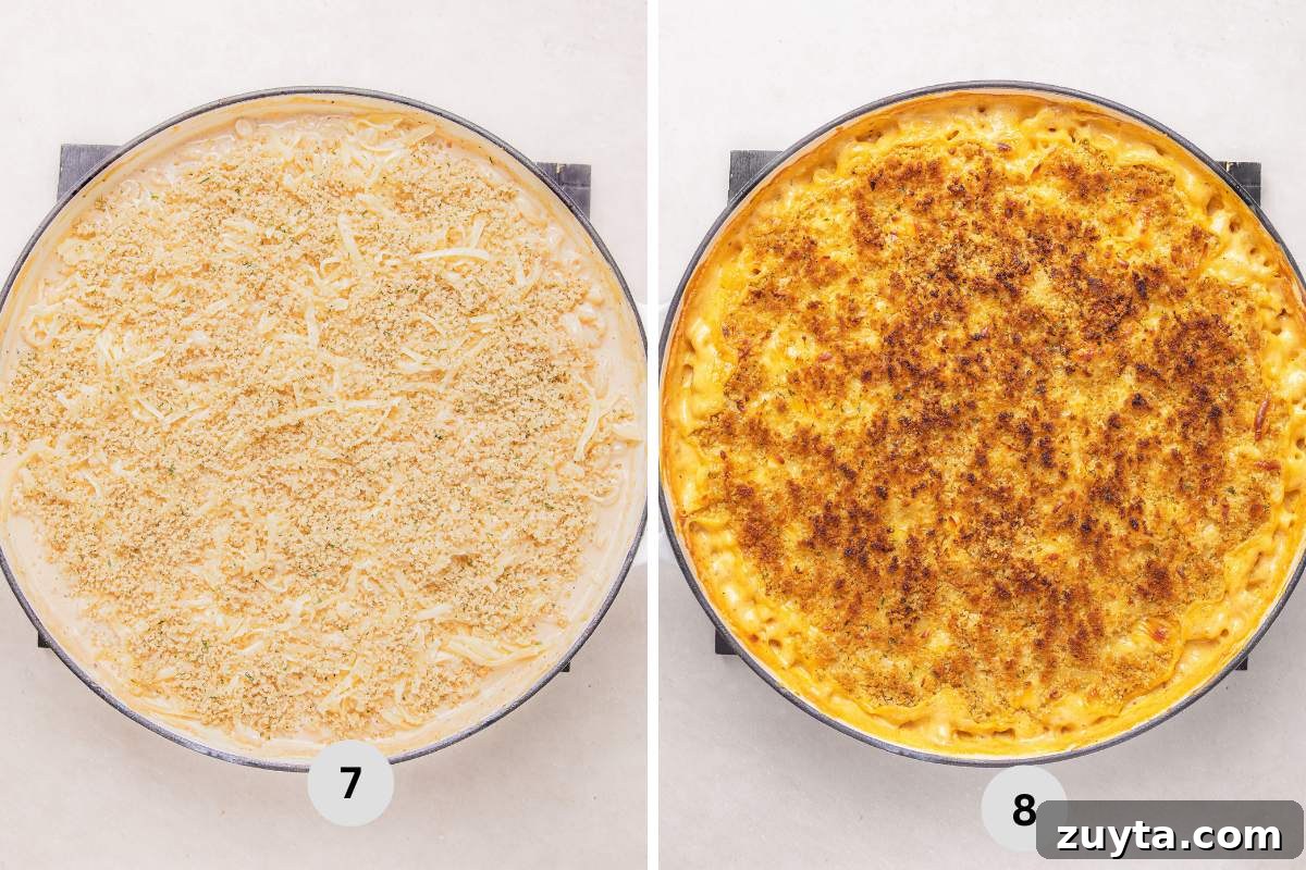 Adding more cheese with bread crumbs to the pan then baking until it's slightly browned on the top.