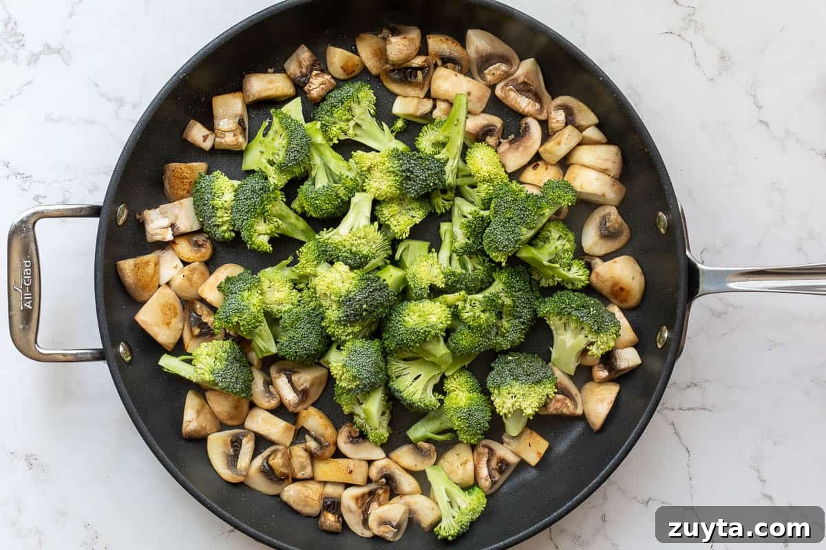 Soy-Ginger Salmon Stir-Fry with Vegetables 8 sautéed mushrooms in pan with broccoli added.