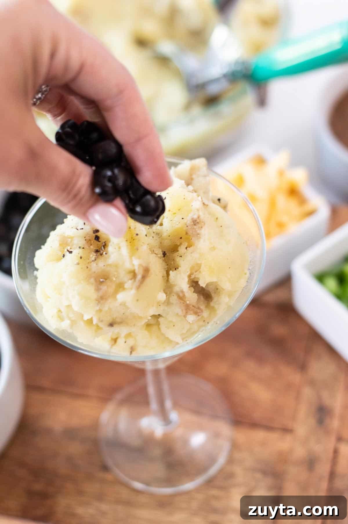 Mashed Potato Toppings Bar and Mashtini Cocktail Recipes 6 mashed potatoes in a martini glass with olives