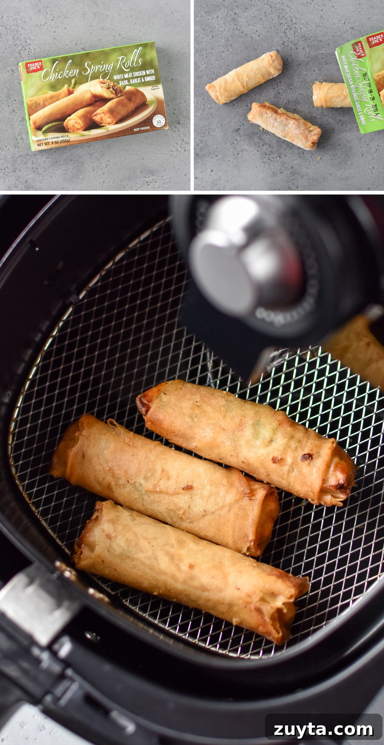 10 Trader Joe's Foods to Cook in Your Air Fryer 3 chicken spring rolls from trader joe's made in the air fryer