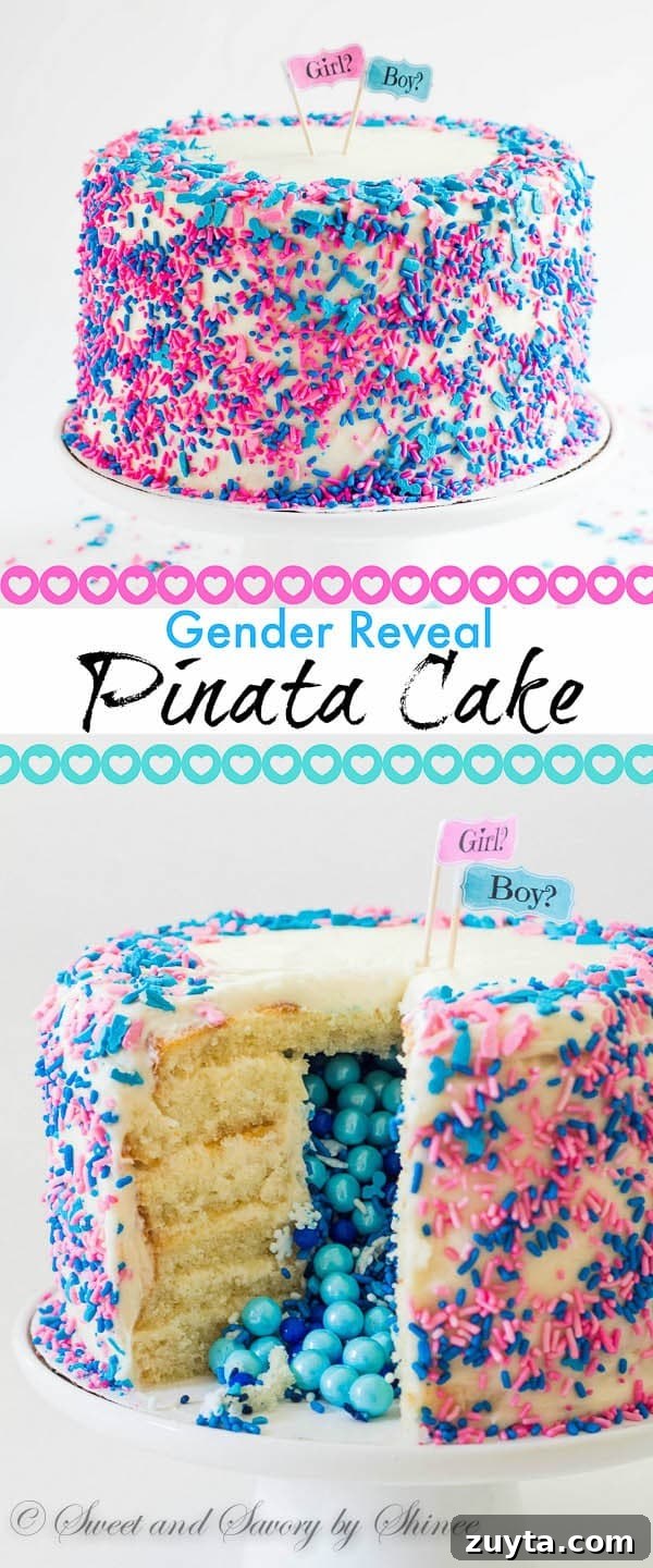 Tall 6-layer white cake covered with sweet and tangy cream cheese frosting and filled with colorful candies and sprinkles inside. Deliciously fun way to reveal the gender of a new bundle of joy!