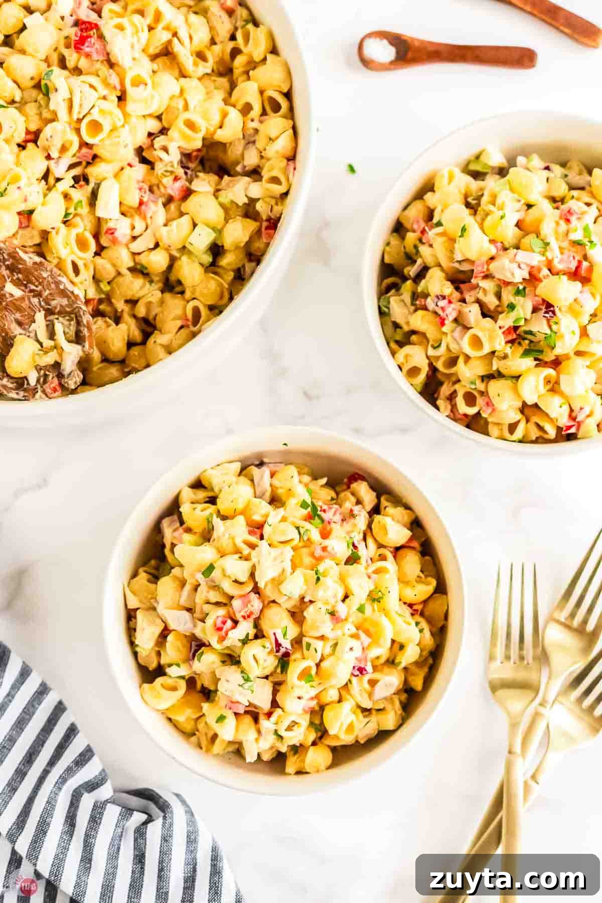 Creamy Chicken Macaroni Salad Recipe 12 three bowls of macaroni salad with diced chicken