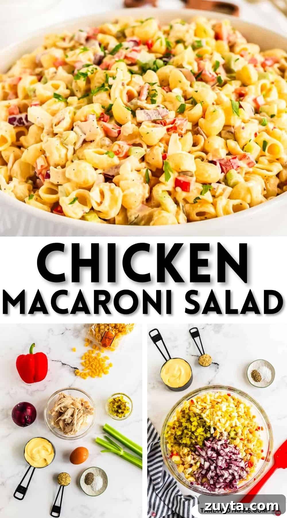 Creamy Chicken Macaroni Salad Recipe 13 Pinterest pin image for chicken macaroni salad recipe
