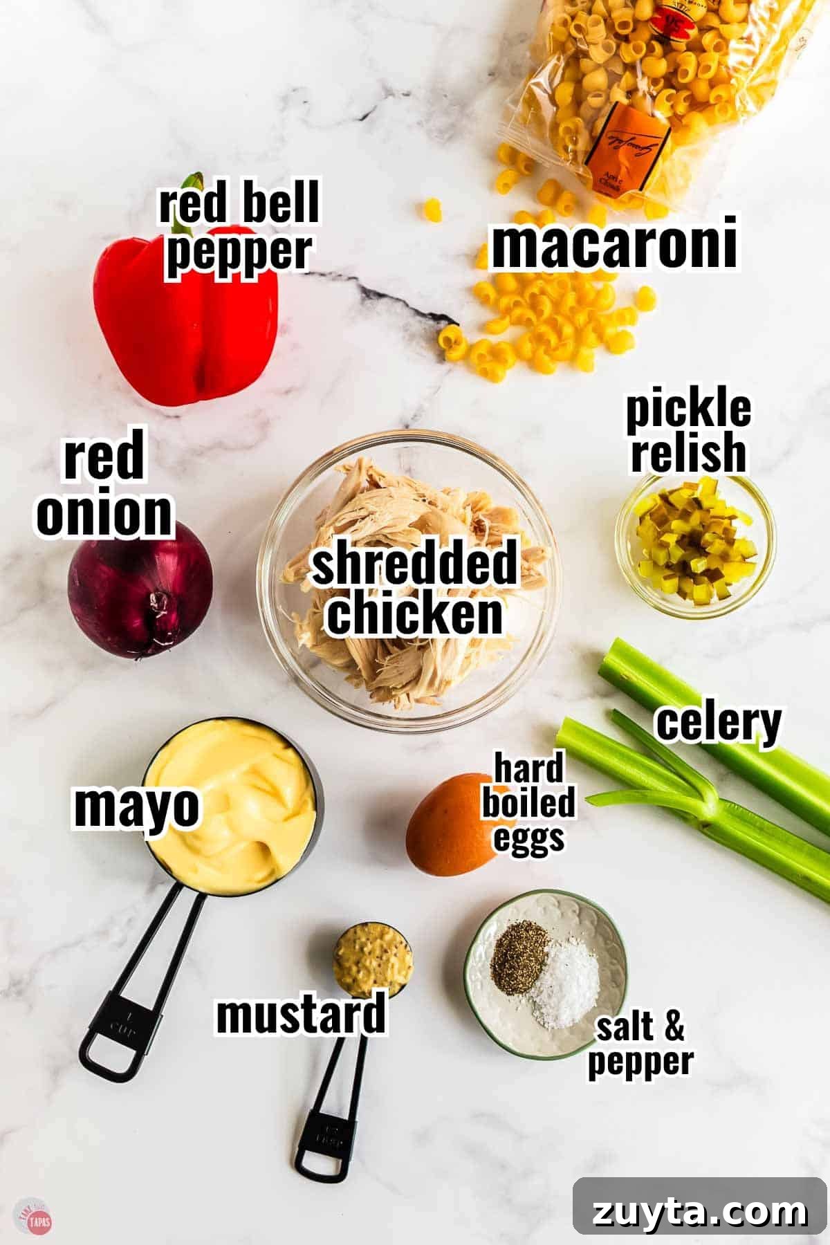 Creamy Chicken Macaroni Salad Recipe 3 individual ingredients for a recipe with text overlay labeling them