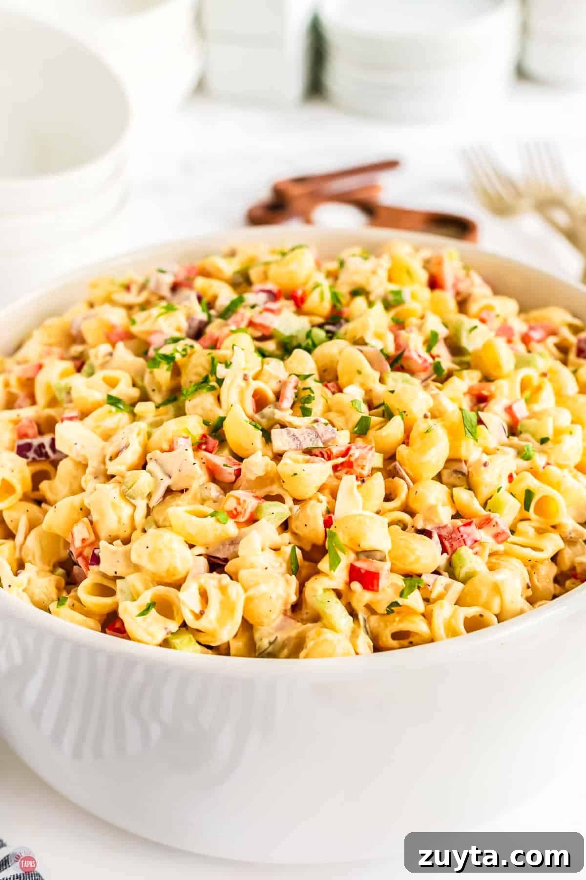 Creamy Chicken Macaroni Salad Recipe 9 chicken macaroni salad in a white bowl
