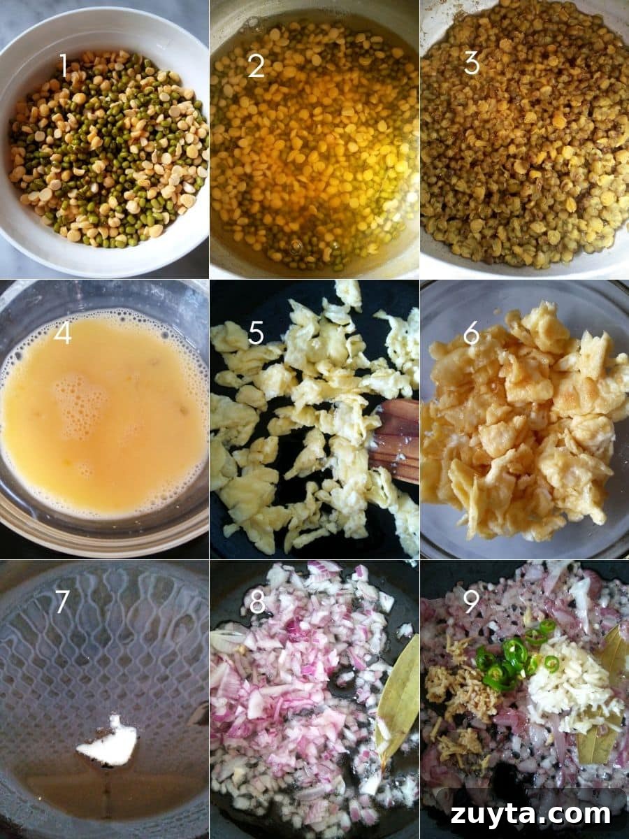 Authentic Bengali Egg Tadka Recipe 3 Cooking the dals, scrambling egg, sauteing aromatics for egg tadka.