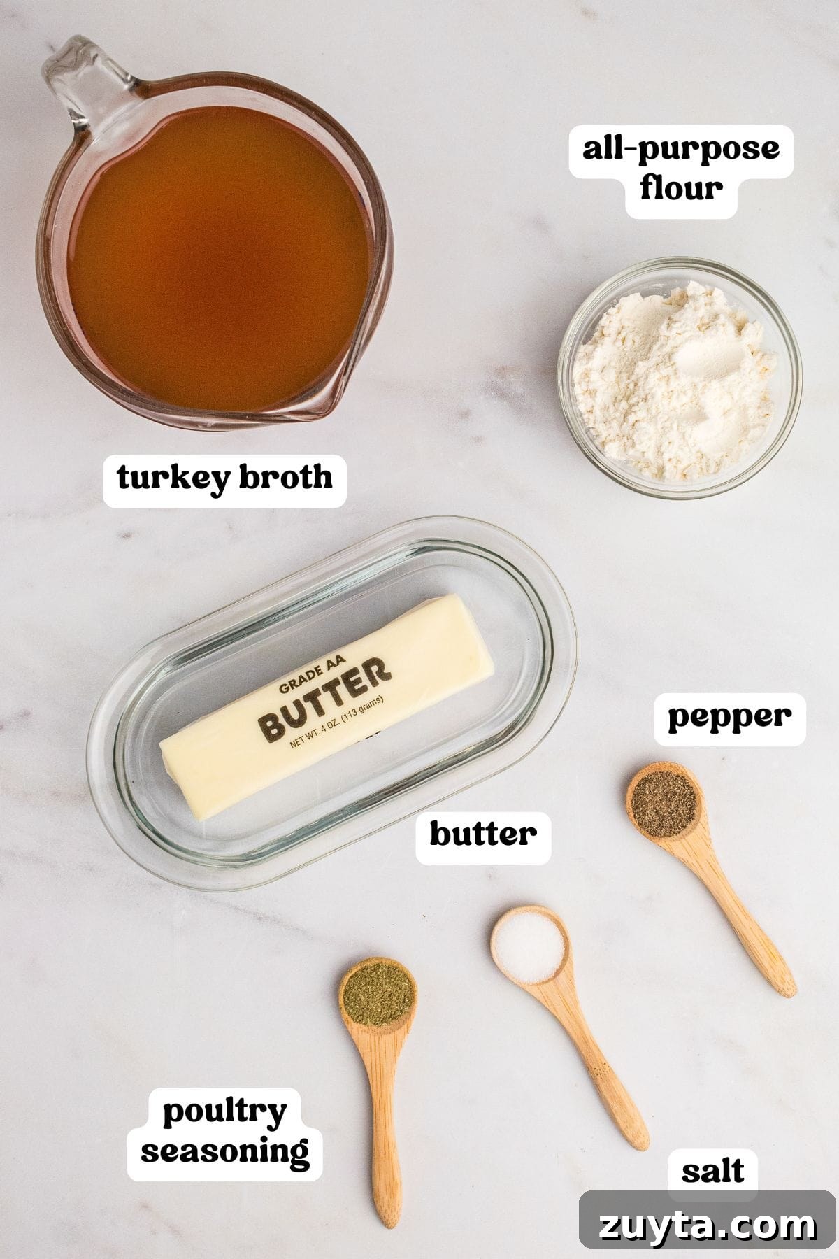 How to Make Turkey Gravy Without Drippings 4 Turkey gravy ingredients: turkey both, all purpose flour, butter, salt, pepper, poultry seasoning.