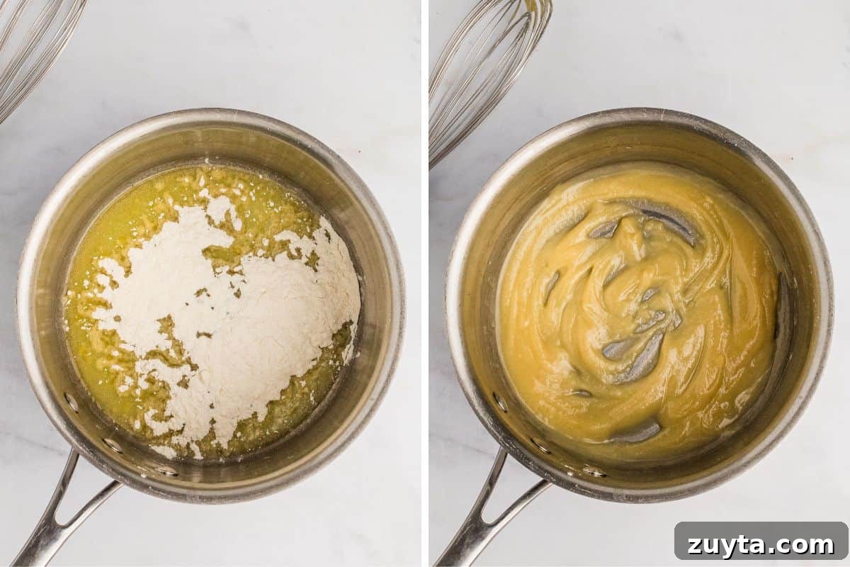 How to Make Turkey Gravy Without Drippings 5 Two image collage of pot with melted butter and flour sprinkled on top, and then of the butter and flour mixture combined and golden.