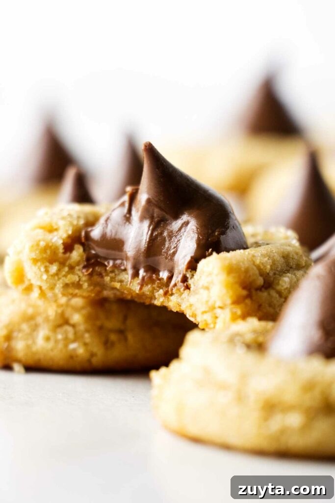 Classic Peanut Butter Blossom Cookies Recipe 3 A partially eaten cookie topped with a Hershey's chocolate kiss.