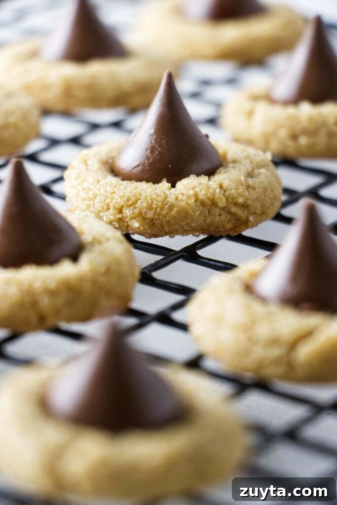 Classic Peanut Butter Blossom Cookies Recipe 4 Peanut butter cookies with a chocolate kiss candy in the center on a cooling rack.