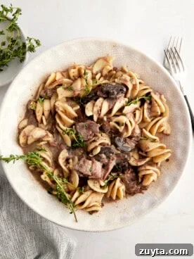 A bowl of slow cooker beef stroganoff.
