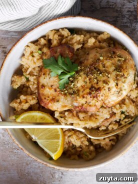 A bowl of Greek chicken and rice with a fork.