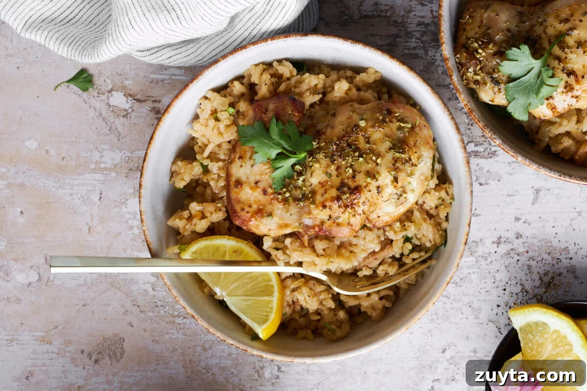 A bowl of Greek chicken and rice with a fork with a second bowl of chicken and rice and two lemon wedges in the background. 