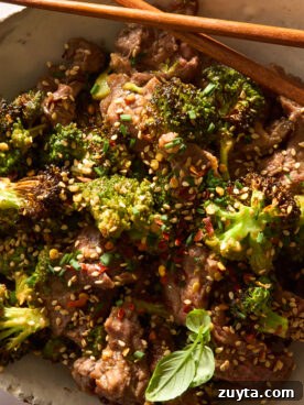 A bowl of air fryer beef and broccoli.