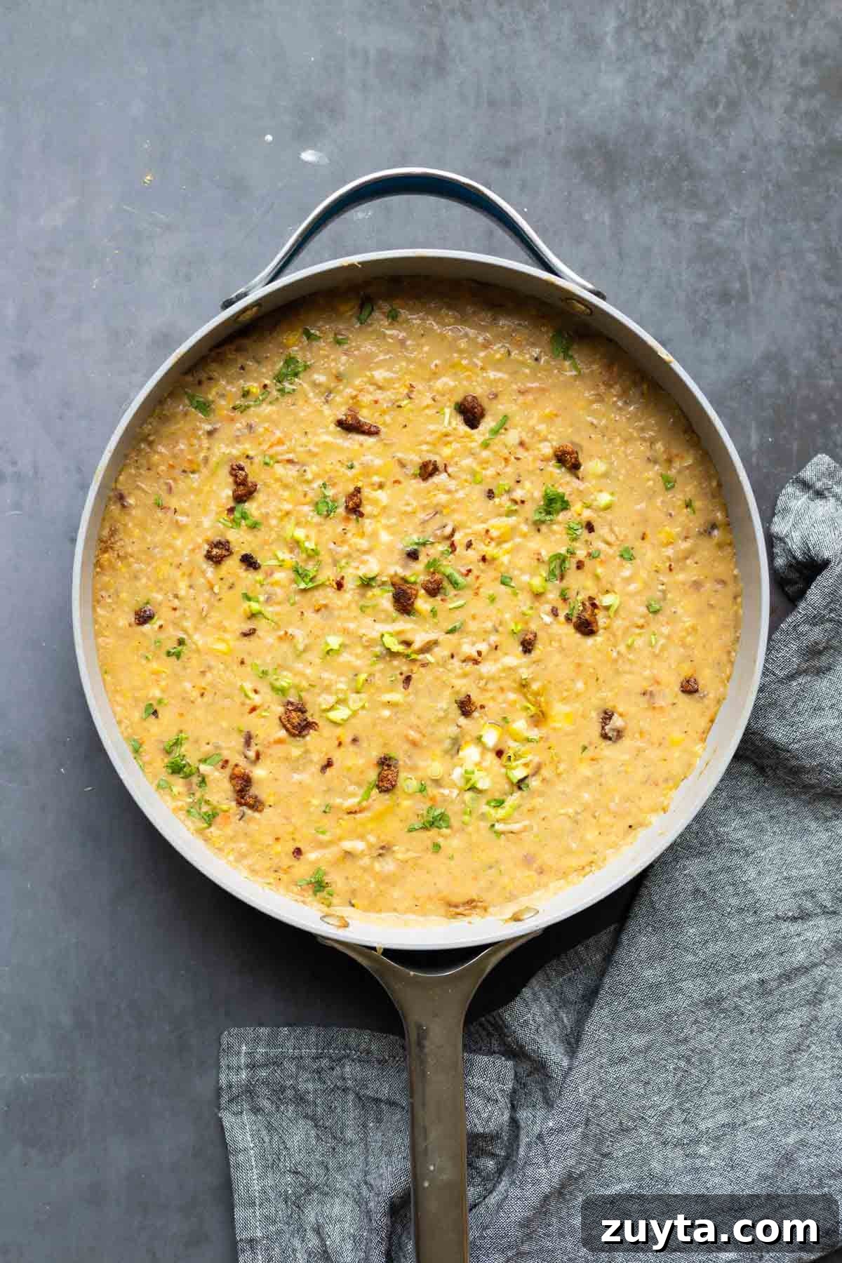 Creamy Corn Chowder with Smoky Tofu Bacon Bits 3 pan of corn chowder on a table
