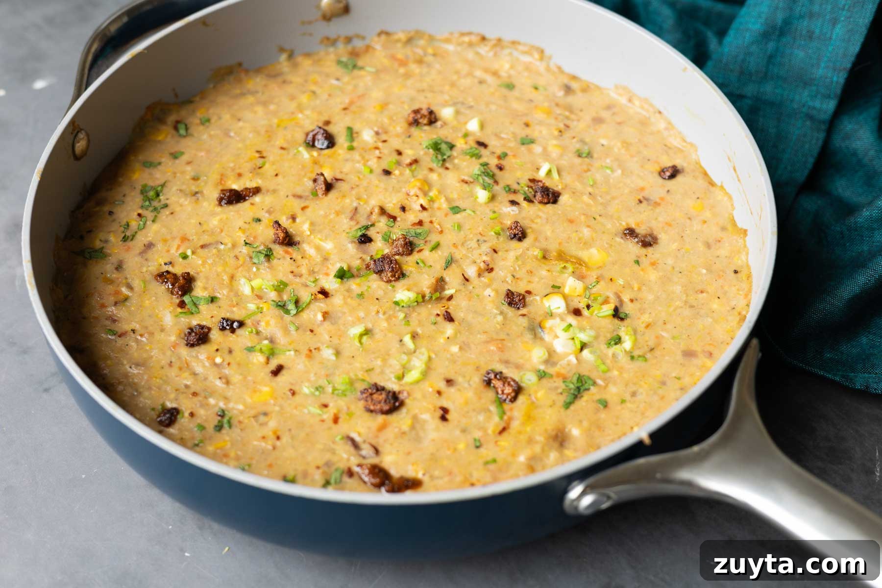Creamy Corn Chowder with Smoky Tofu Bacon Bits 15 pan of corn chowder on the table