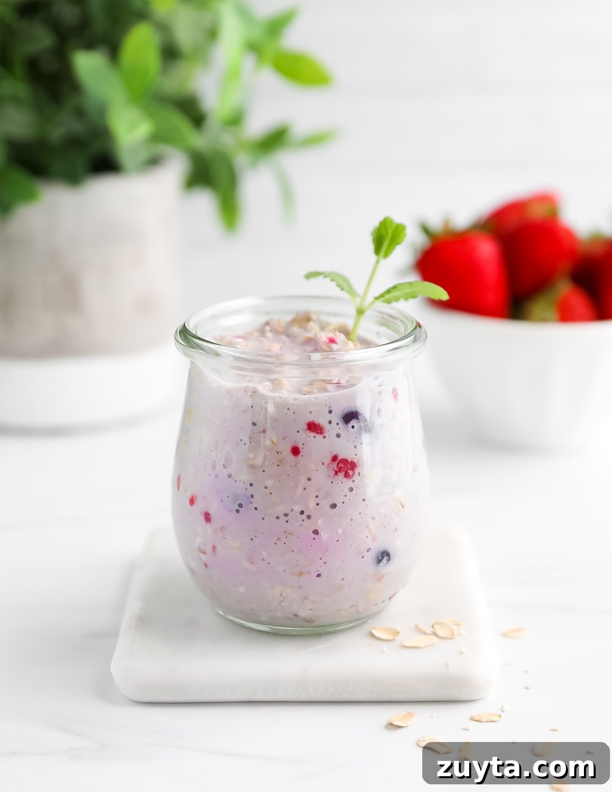 Creamy Overnight Oats with Frozen Fruit 2 A jar of berry oats with fresh mint in the jar.