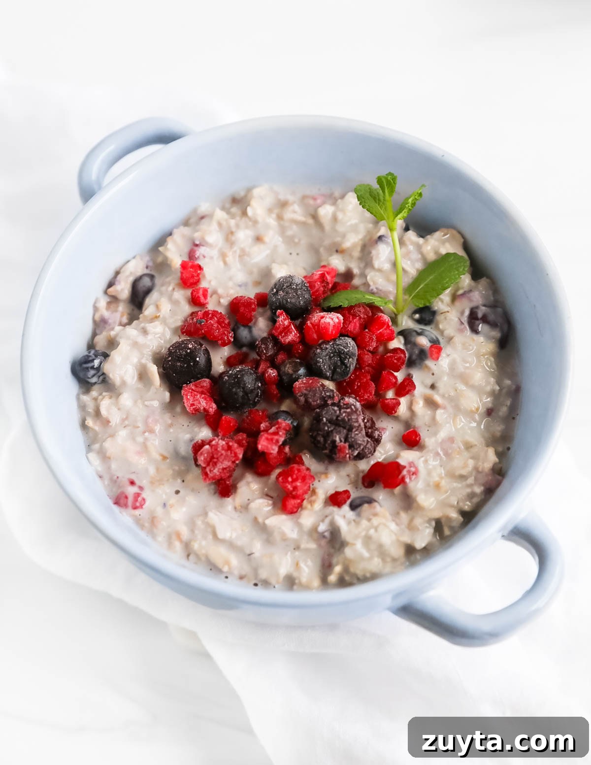 Creamy Overnight Oats with Frozen Fruit 4 A blue bowl filled with overnight oatmeal, frozen berries, and fresh mint.