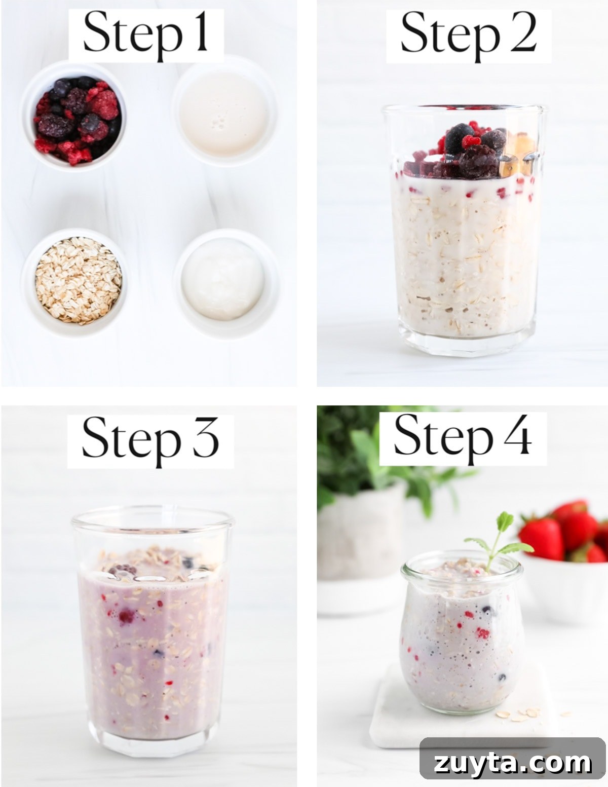 Creamy Overnight Oats with Frozen Fruit 5 Four images labeled step 1-step 4. Step 1: four small white bowls with ingredients in the, step 2: the ingredients are in a tall glass cup, step 3: the ingredients are mixed together in the glass cup, step 4: a jar of overnight oats.