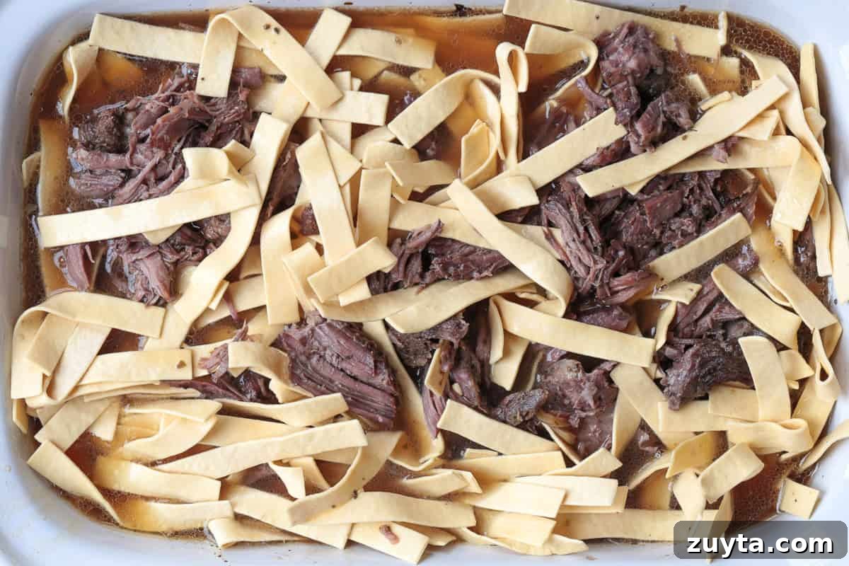 noodles with shredded beef and broth in slow cooker