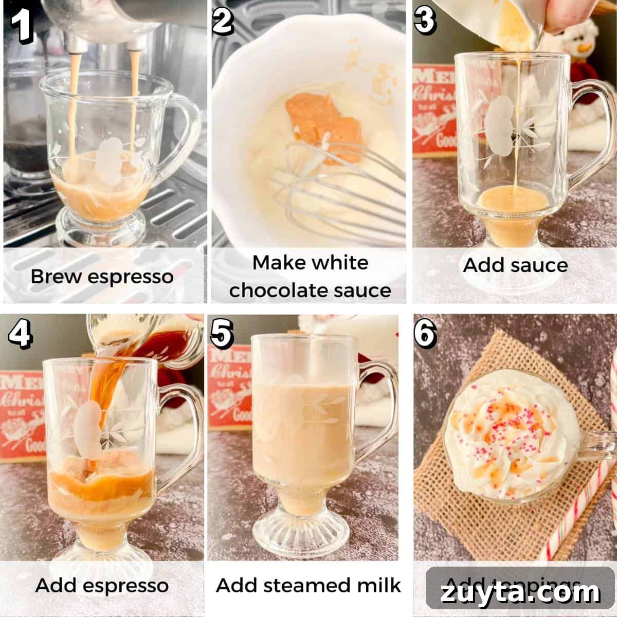 Six photos showing how to make and assemble a toasted white chocolate mocha holiday drink.