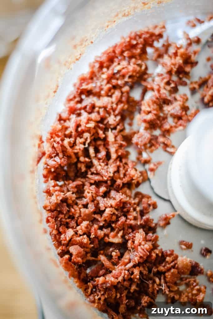 Bacon Salt: How to Use It, Recipe Ideas and Flavor Pairings 5 Crumbled bacon in a food processor