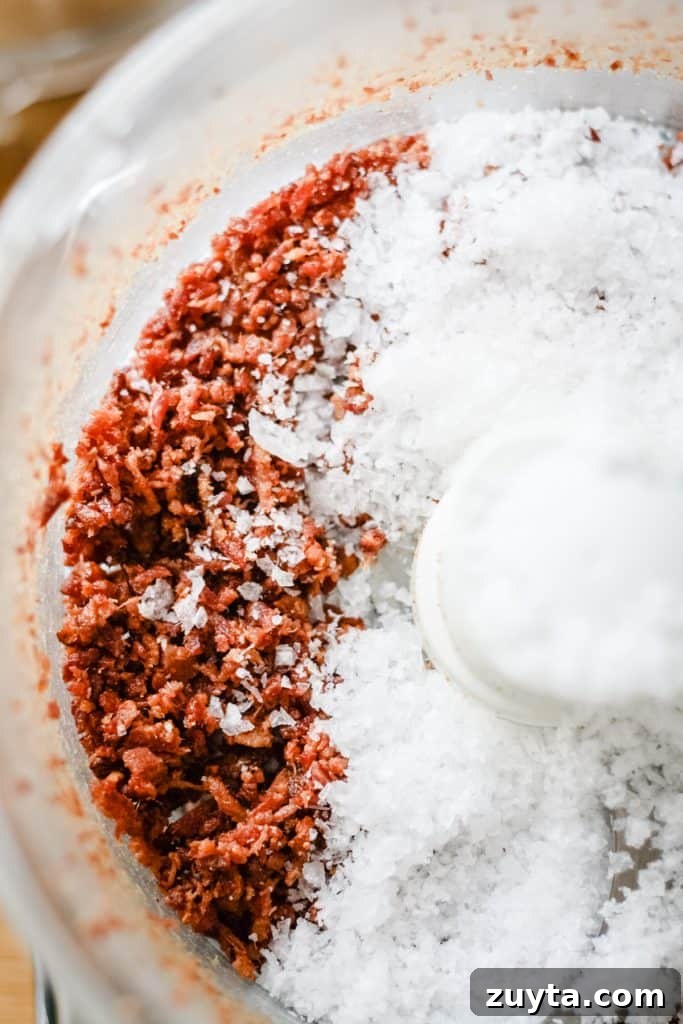Bacon Salt: How to Use It, Recipe Ideas and Flavor Pairings 6 Crumbled bacon and sea salt in a food processor