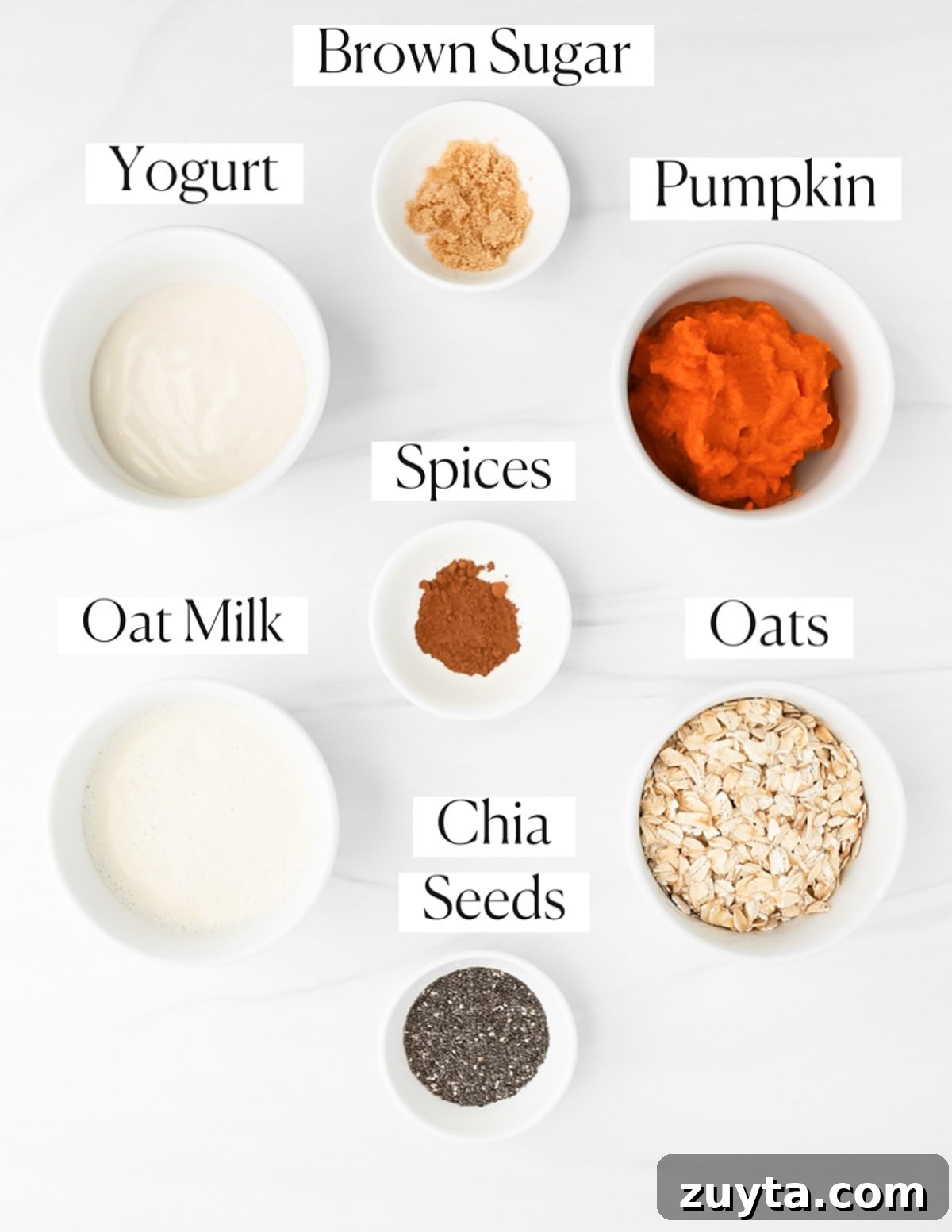 Creamy Pumpkin Pie Overnight Oats Recipe 3 Labeled ingredients in small white bowls including: brown sugar, yogurt, pumpkin, spices, oat milk, oats, and chia seeds.