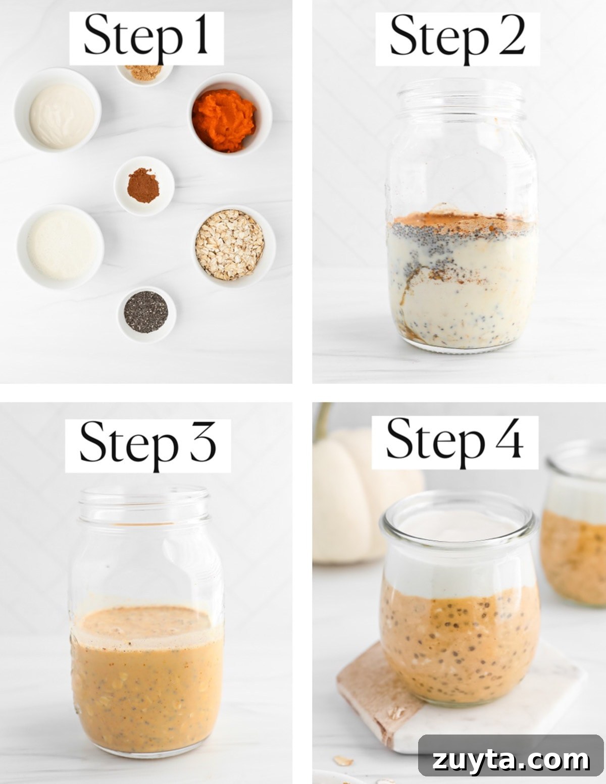 Creamy Pumpkin Pie Overnight Oats Recipe 5 A collage of four images showing step-by-step assembly of the oats.