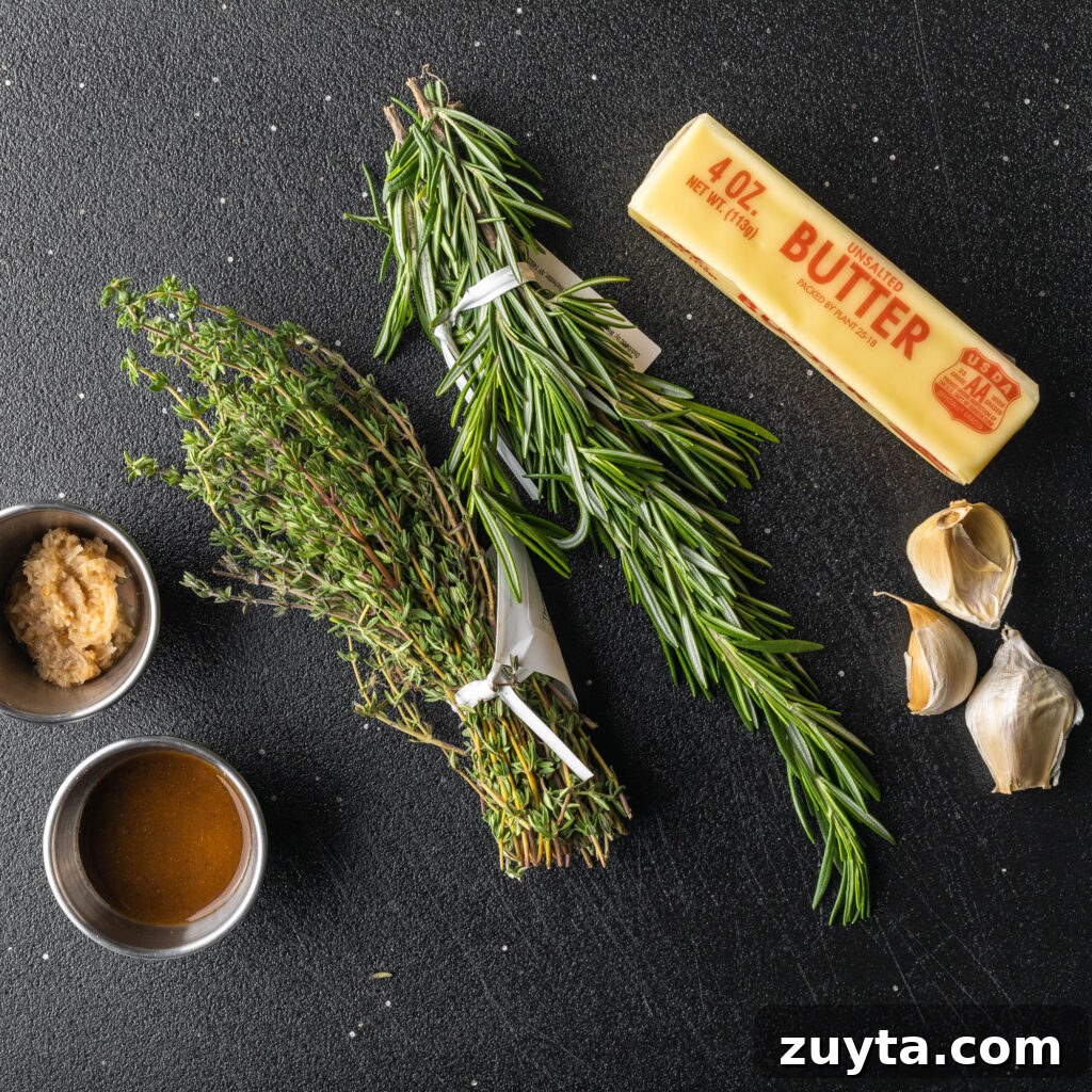 Tomahawk Steak Recipe: Grill and Reverse-Sear 4 1 stick of unsalted butter, 3 cloves of garlic, 1 bunch of fresh rosemary, 1 bunch of fresh thyme, pinch bowl of lemon zest, and pinch bowl of Worcester sauce.