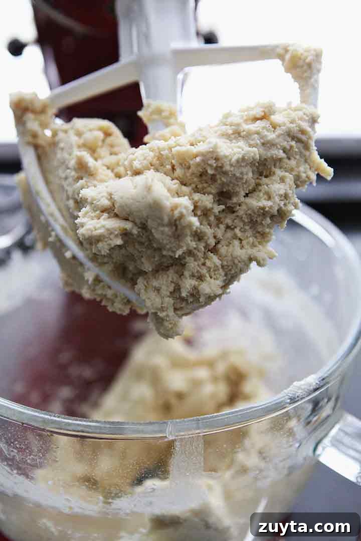 Lemon Tea Cakes Recipe with Zesty Glaze 3 Cookie dough is shown on a dough beater in the stand mixer before going into the fridge for chilling