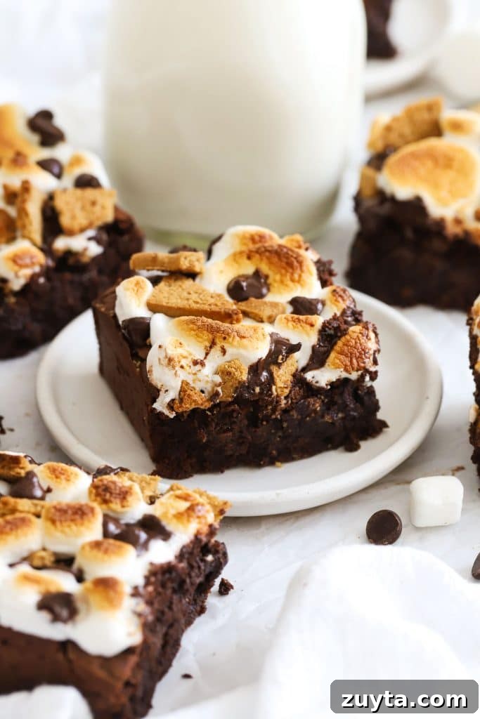 Fudgy Gluten-Free Marshmallow Brownies Recipe 8 gluten-free s'mores brownie squares on a dessert plate