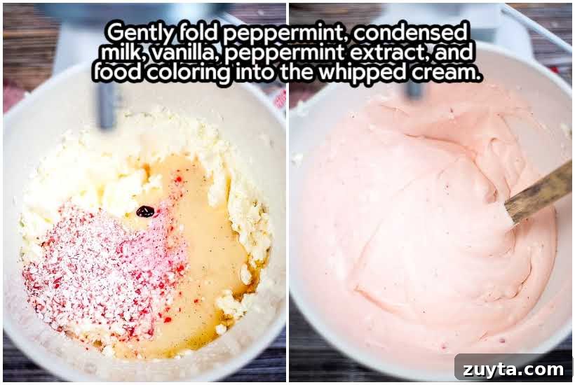 No-Churn Peppermint Ice Cream Recipe 3 Two image collage of candy cane ice cream ingredients in a white bowl before and after mixing with text overlay.