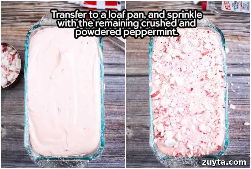 No-Churn Peppermint Ice Cream Recipe 4 Two image collage of ice cream mixture in a loaf pan and after adding crushed candy canes on top.