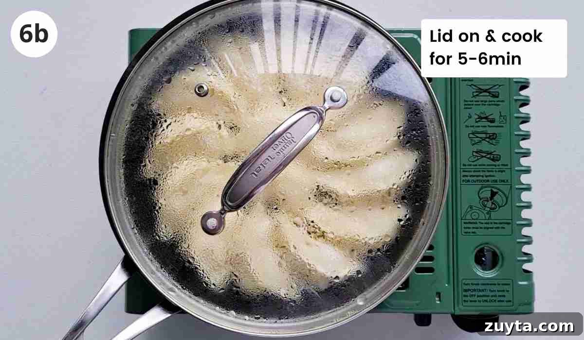 How to Make Authentic Chinese Chicken Dumplings 13 Dumplings being cooked in a frying pan with a lid on including captions