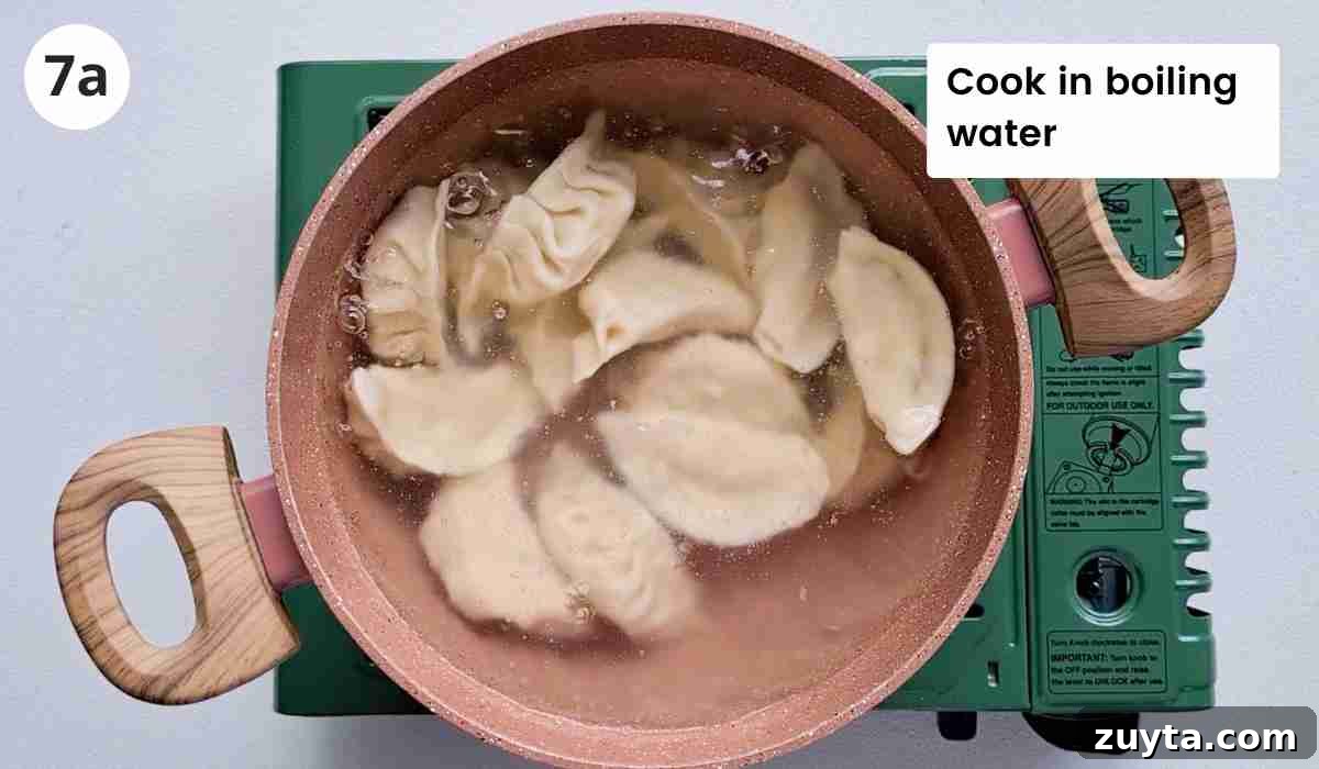 How to Make Authentic Chinese Chicken Dumplings 16 Dumplings being boiled in a pink pot with caption