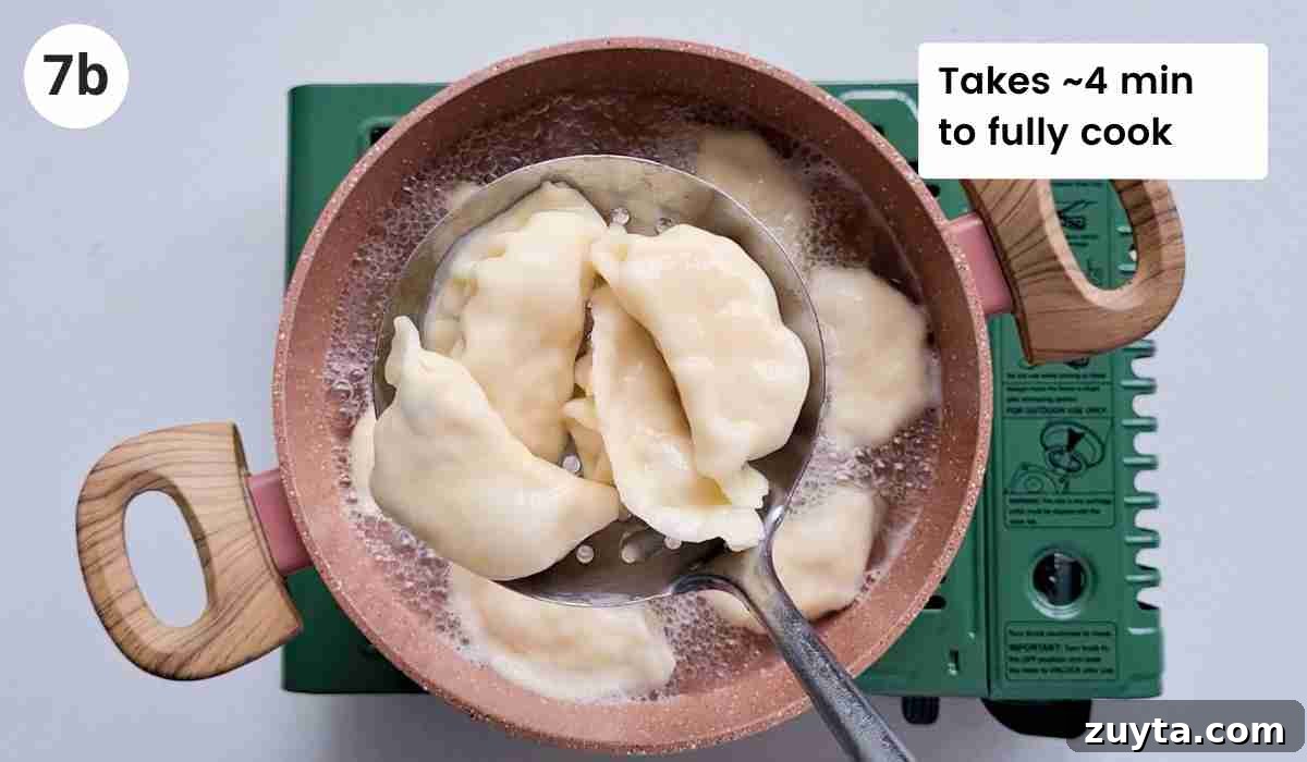 How to Make Authentic Chinese Chicken Dumplings 17 boiled dumplings being scooped up by a slotted spoon with caption