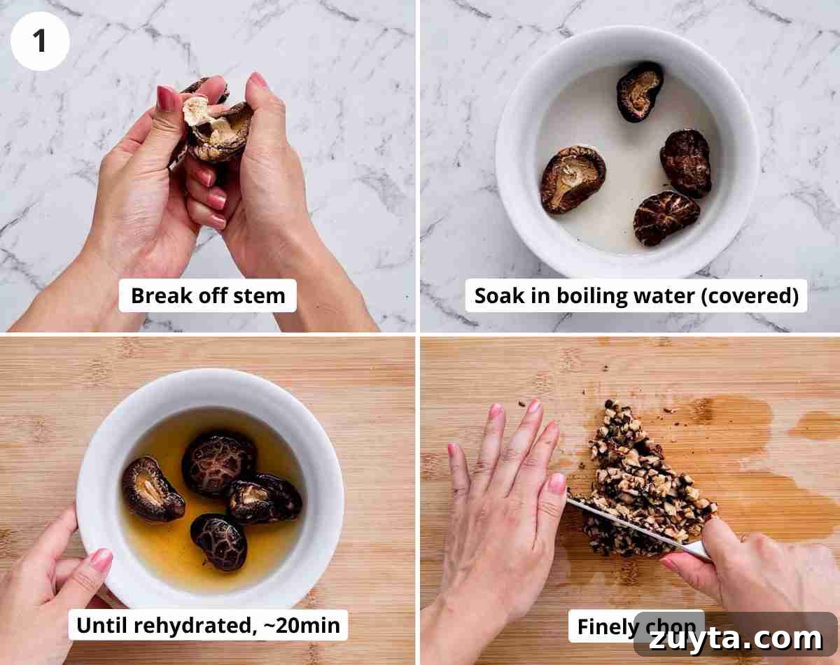 How to Make Authentic Chinese Chicken Dumplings 4 Step by step instruction collage of how to prepare shiitake mushrooms for this recipe including captions