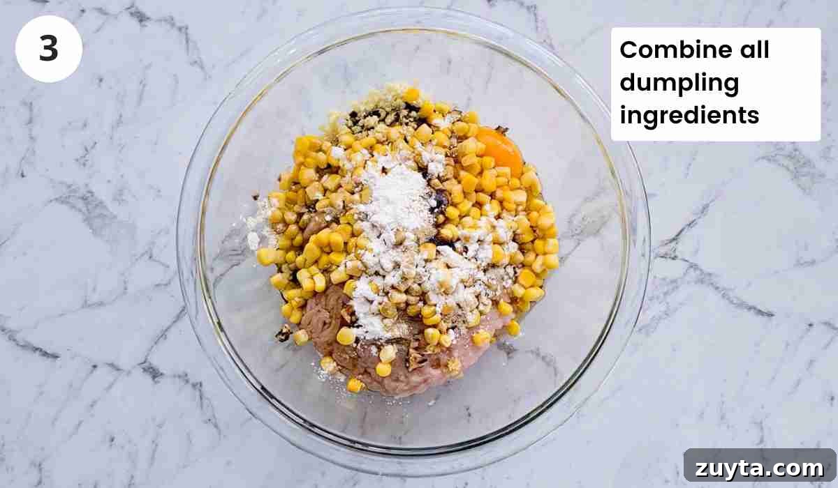 How to Make Authentic Chinese Chicken Dumplings 6 Dumpling filling ingredients in a large bowl with caption